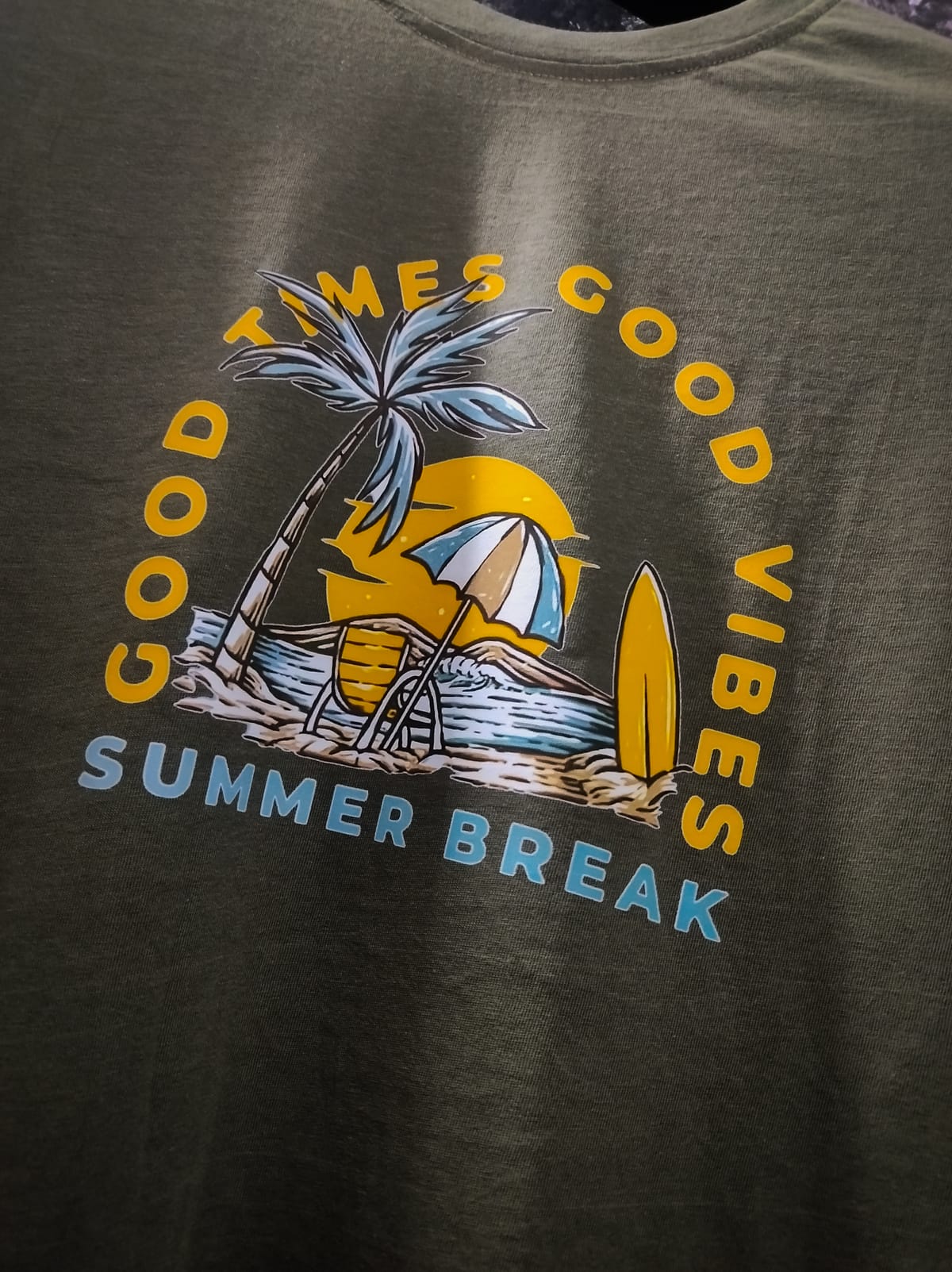 Good Times Good Vibes. premium quality drop solder t-shirt. Olive - Image 2